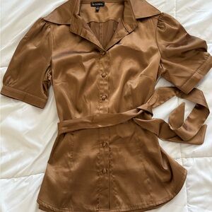 le chateau Satin-Look Brown Button-Up Blouse with Waist Tie